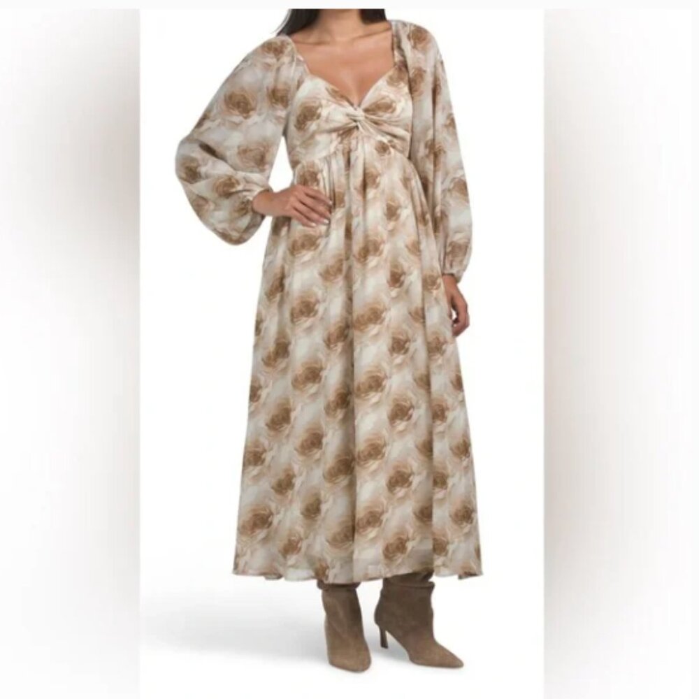 NWT IN FEBRUARY Brown Cream Rose Print Chiffon Maxi Dress with Pockets Size XS